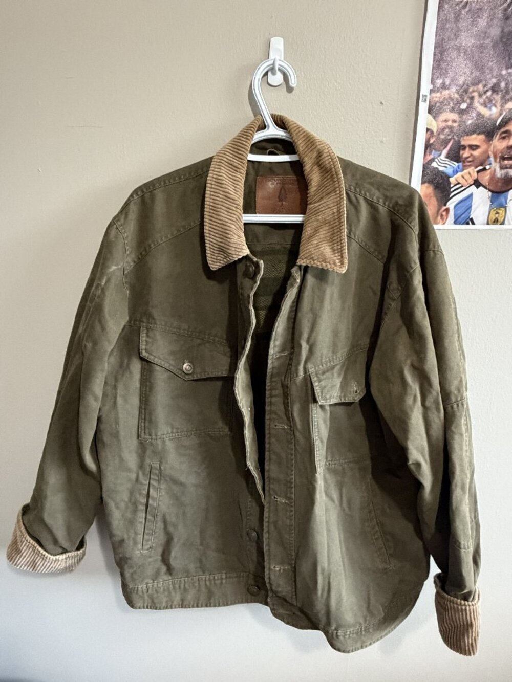 Vintage Country Free Outdoors Field Jacket Olive Green Corduroy Collar Plaid Lin